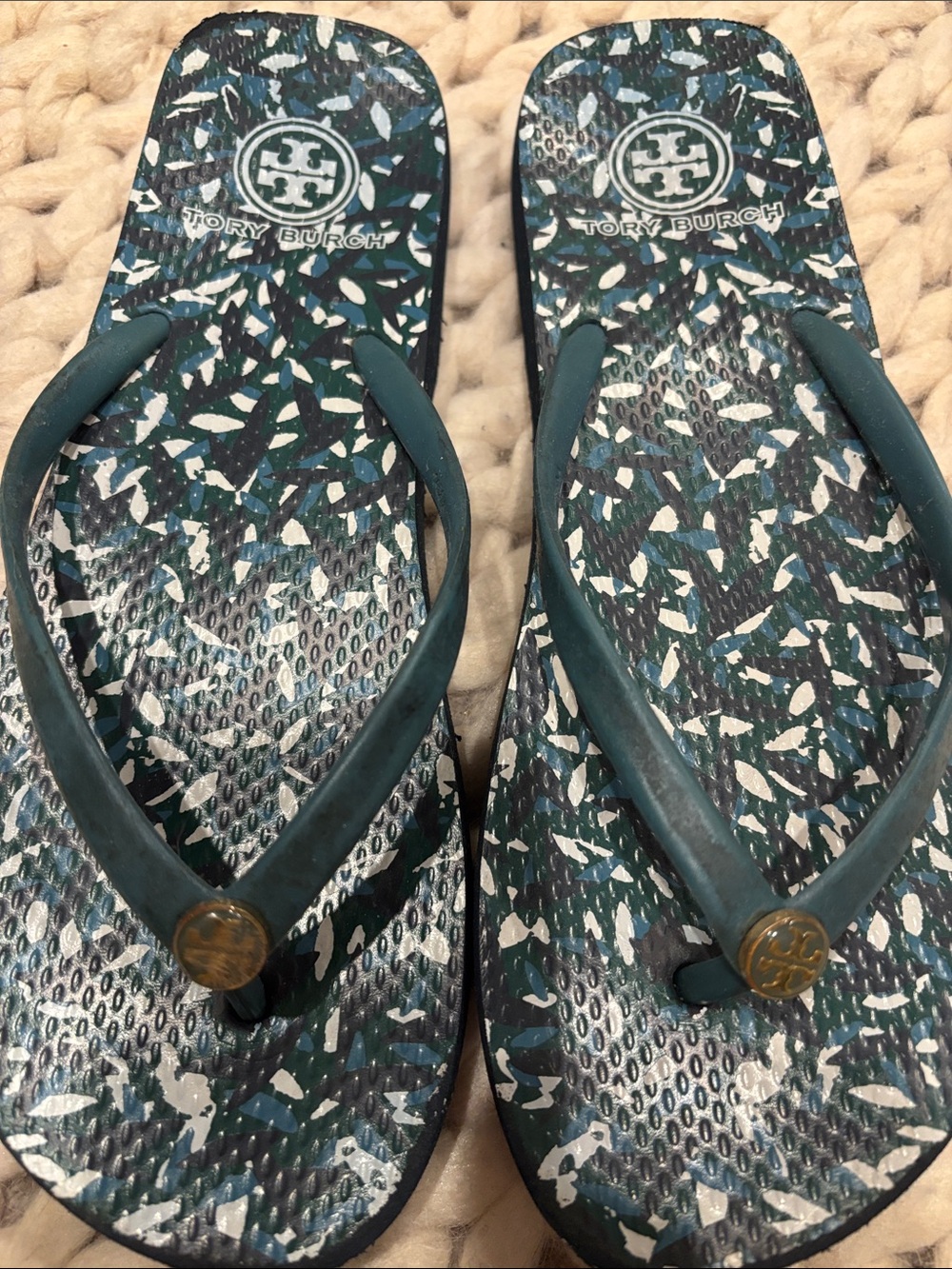 Tory Burch Teal and White Patterned Flip Flops with Gold Logos
